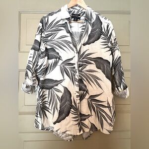Tahari medium 100% Linen top Tropical Print Tunic Blouse shirt jungle leaf loose